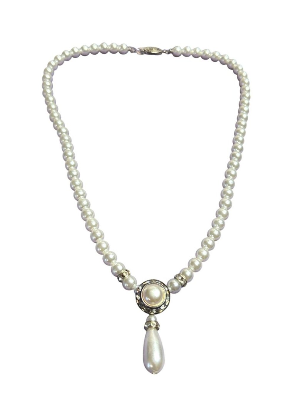 Vintage Plastic Faux Pearl Beaded Drop Necklace Clear Rhinestone Halo Fishhook C